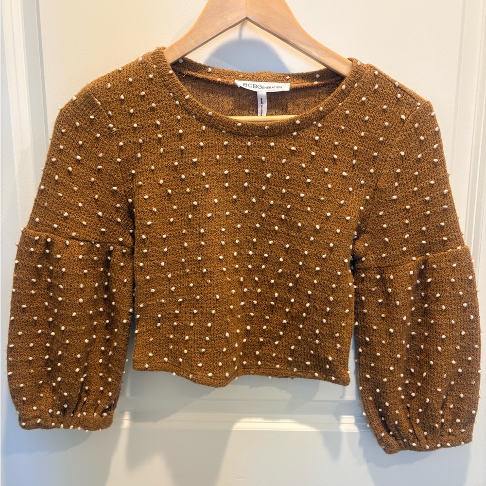 BCBGeneration Rich Brown Polka Dot Cropped Sweater. Size XS